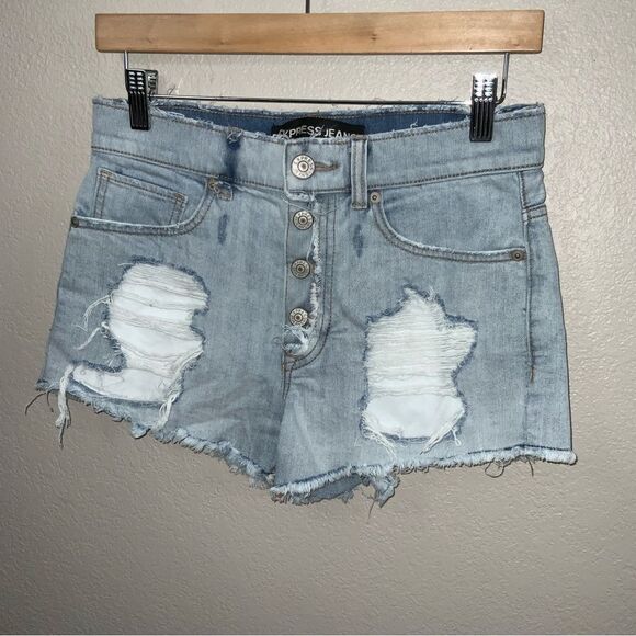 Express High Waisted Destroyed Denim Cutoff Shorts size 4 - Picture 3 of 7